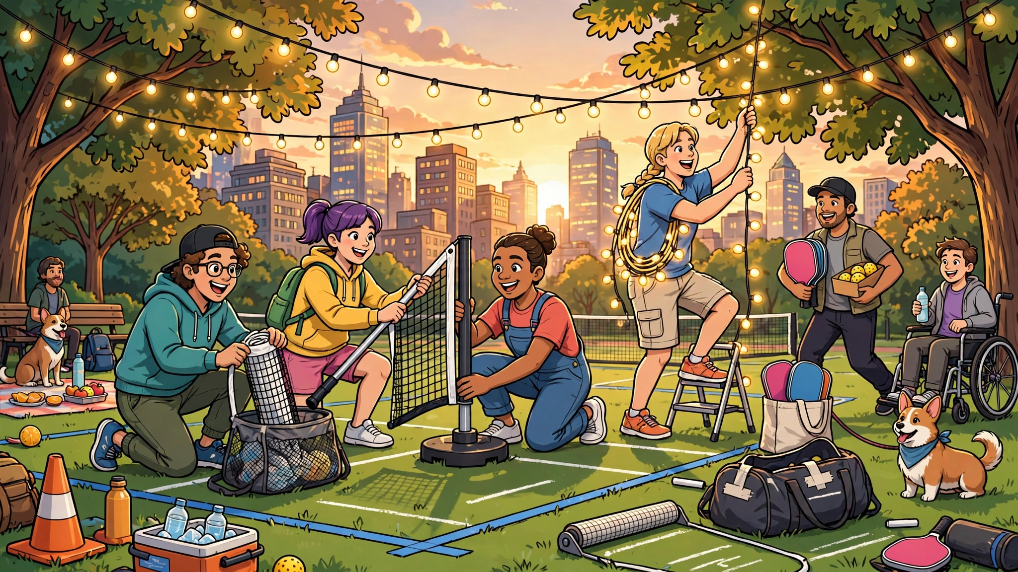 A pop-up pickleball league sets up a court in a city parking lot at dusk