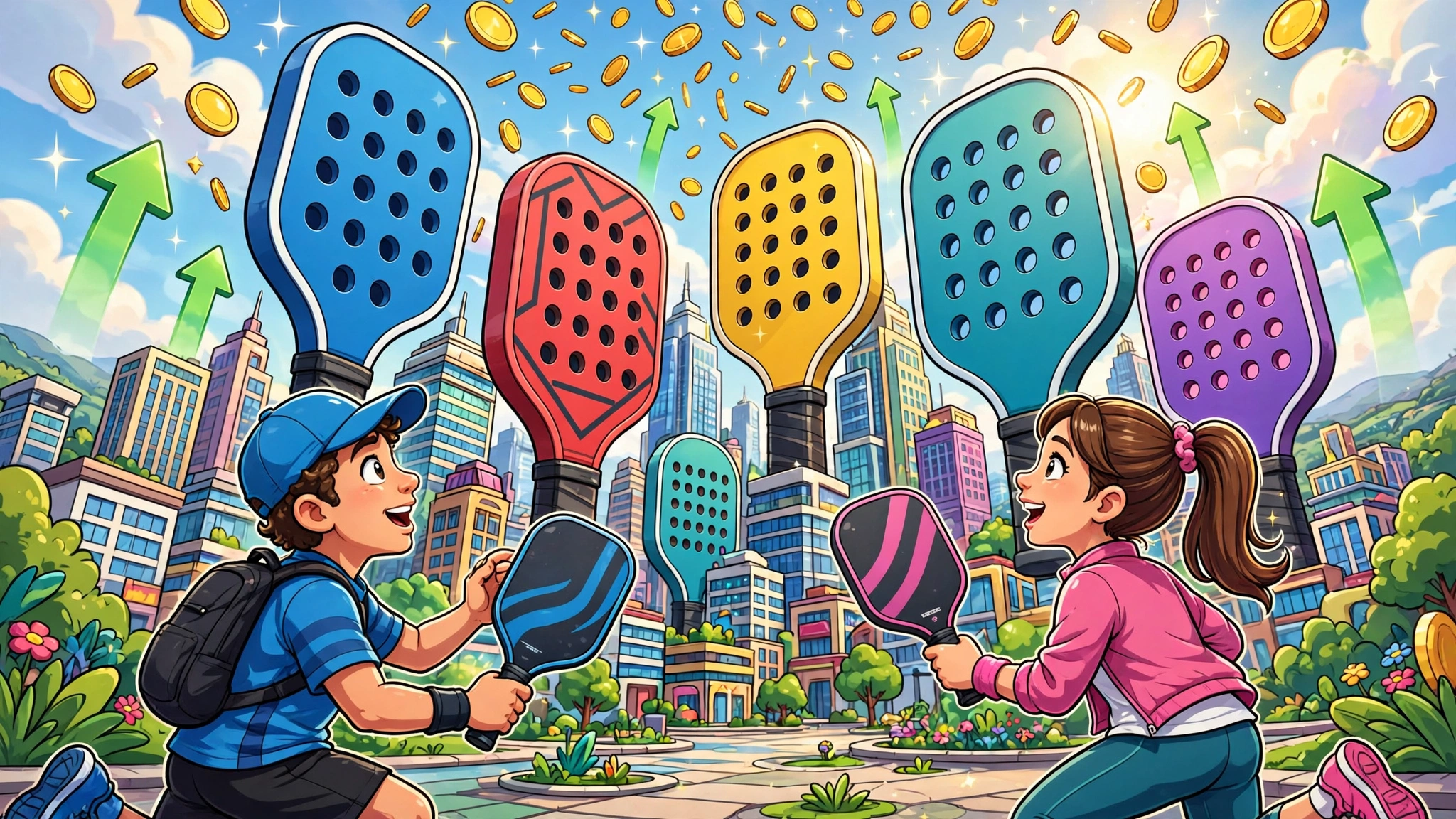 A corporate tower built of pickleball courts looms over small shops