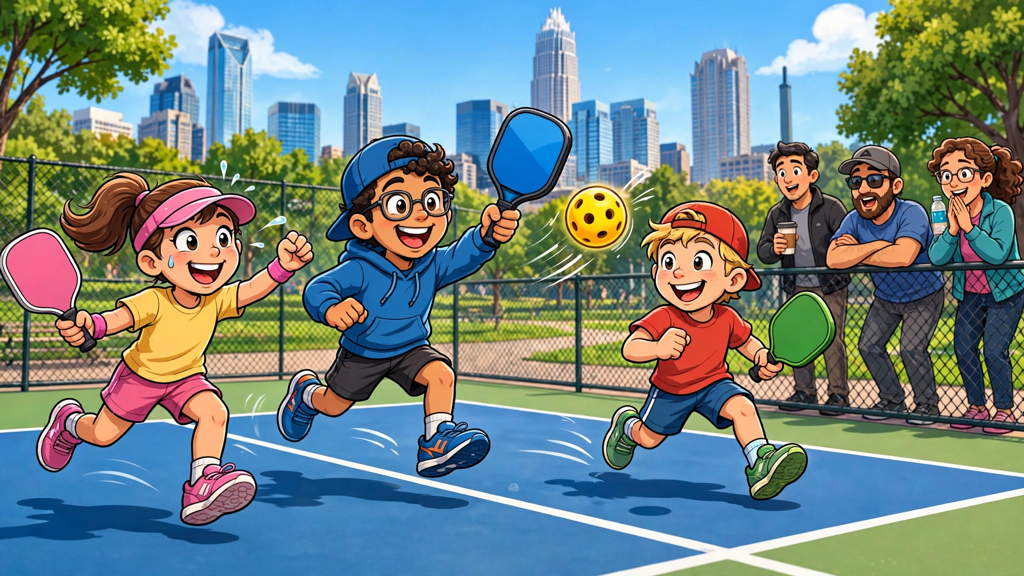 Kids with paddles rush a pickleball court while surprised adults watch