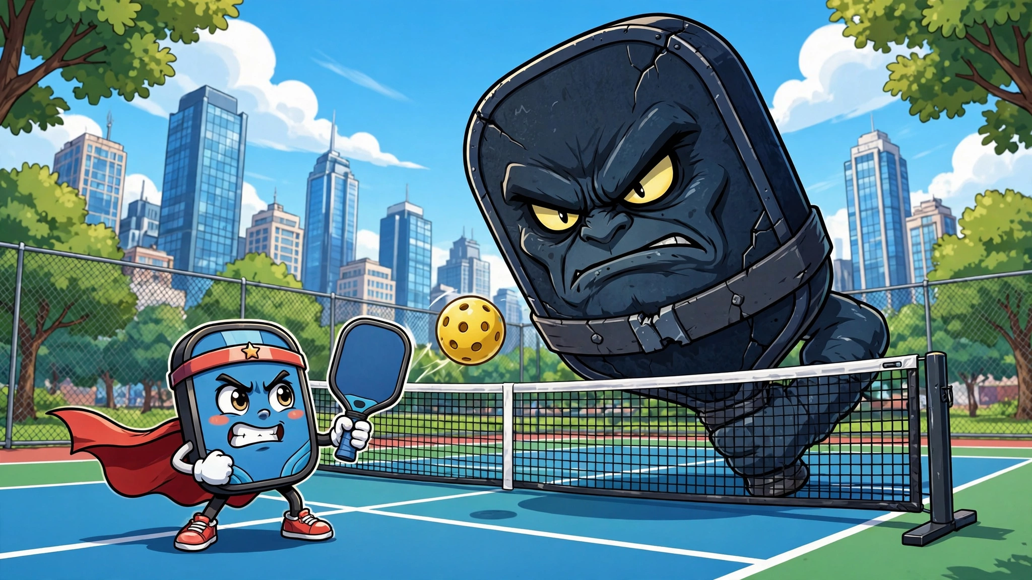 A junior player faces a giant stone umpire holding a rulebook in the desert