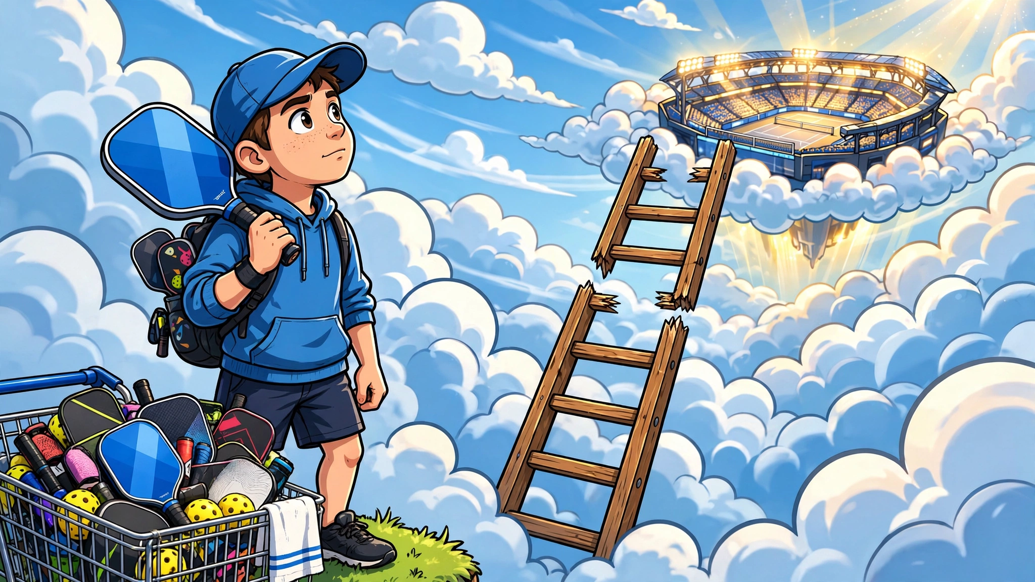 A ladder with missing rungs stretches from a park court to a pro stadium