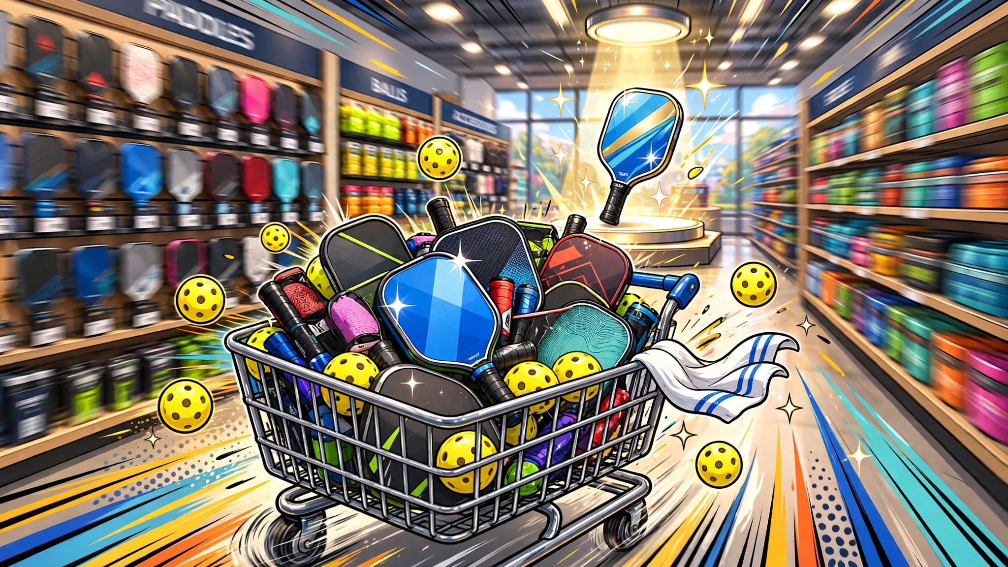 A giant hand places small paddle shops into an oversized shopping cart