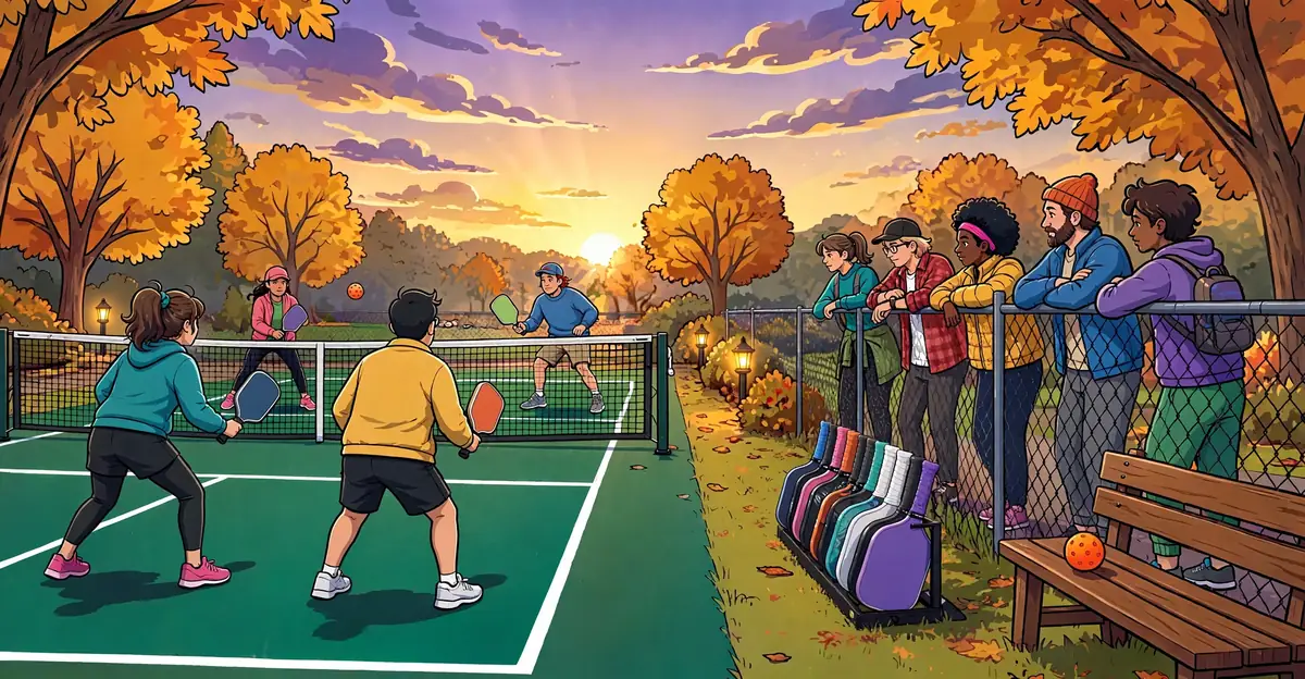 A doubles game in play at sunset while paddles wait in the rack for the next game